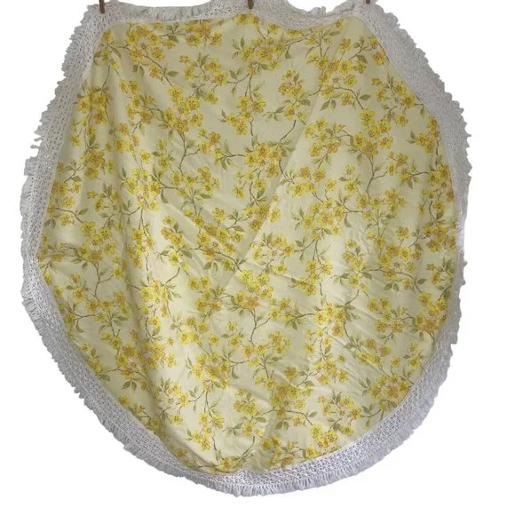 Vintage Handmade Yellow Floral Tablecloth Crochet Edge Fringe 64" Round Spring - Picture 2 of 9